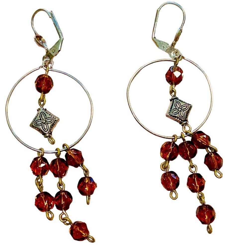 Handcrafted amber brown & silver dangle earrings